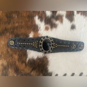 EUC Vintage LEATHEROCK Soft Leather Stud Stone Bracelet Cuff